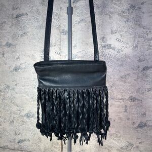 Margot black leather small crossbody bag with vowed fringe